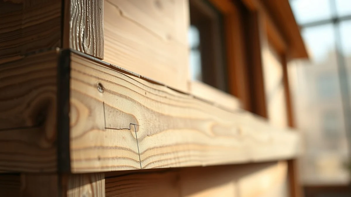 Primer plano de un módulo de madera estructural con ensambles visibles, luz natural suave y fondo desenfocado
