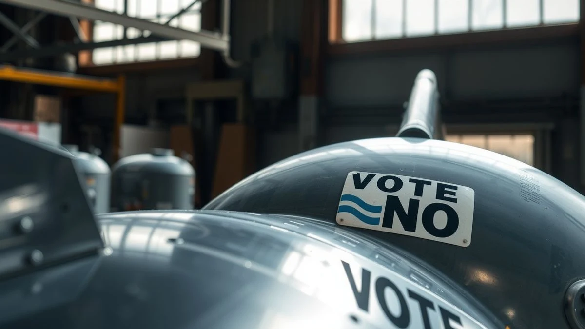 Imagen ilustrativa: primer plano de una pieza metálica de avión con una pegatina de 'VOTE NO' sobre una mesa de taller, luz natural, fondo desenfocado.