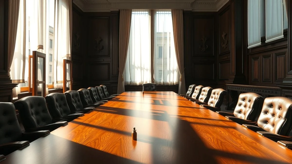 Imagen ilustrativa: sala de juntas vacía con mesa de madera y luz de ventana lateral