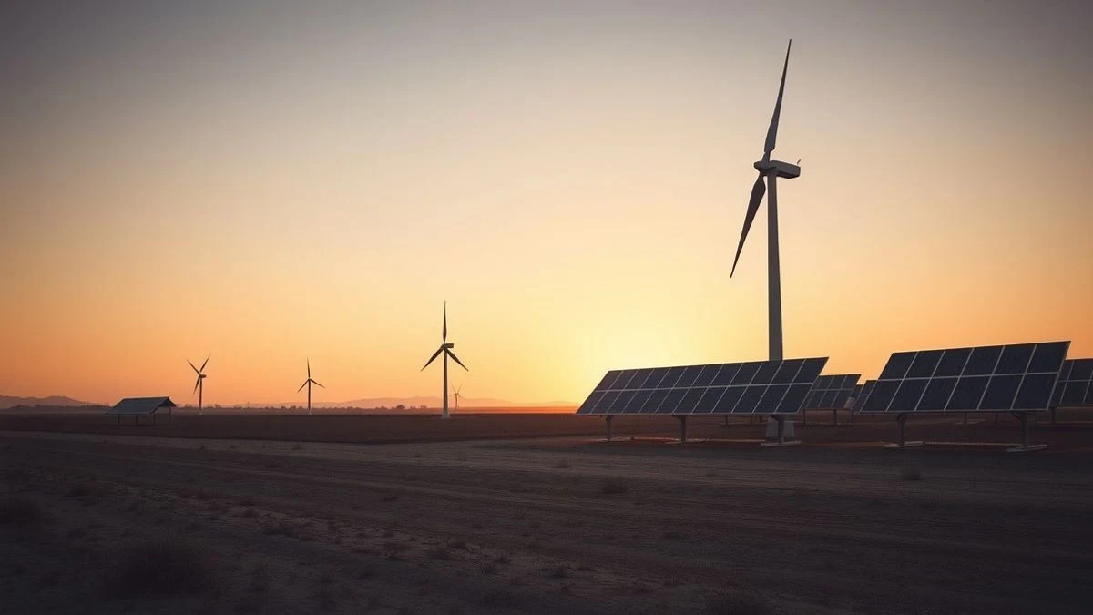 Imagen ilustrativa: un paisaje con un aerogenerador y paneles solares al atardecer, con una figura humana diminuta en primer plano.