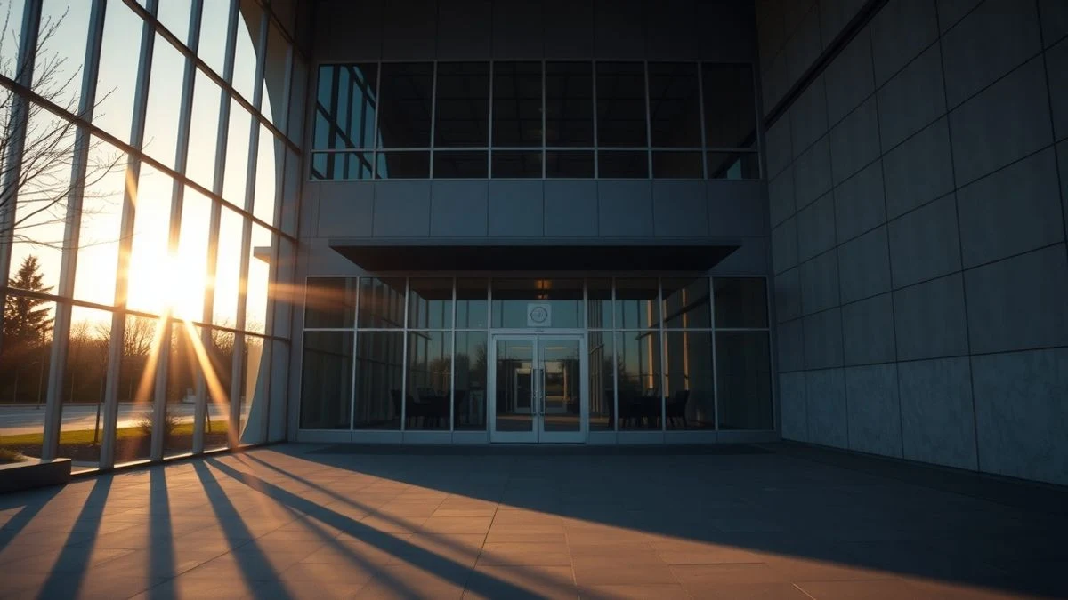 Fachada de un edificio de oficinas en Marbella al atardecer, con luz dramática y sombras largas
