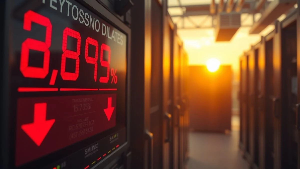 Ticker de bolsa con números rojos y flechas hacia abajo, con fondo de servidores en un centro de datos a contraluz al atardecer
