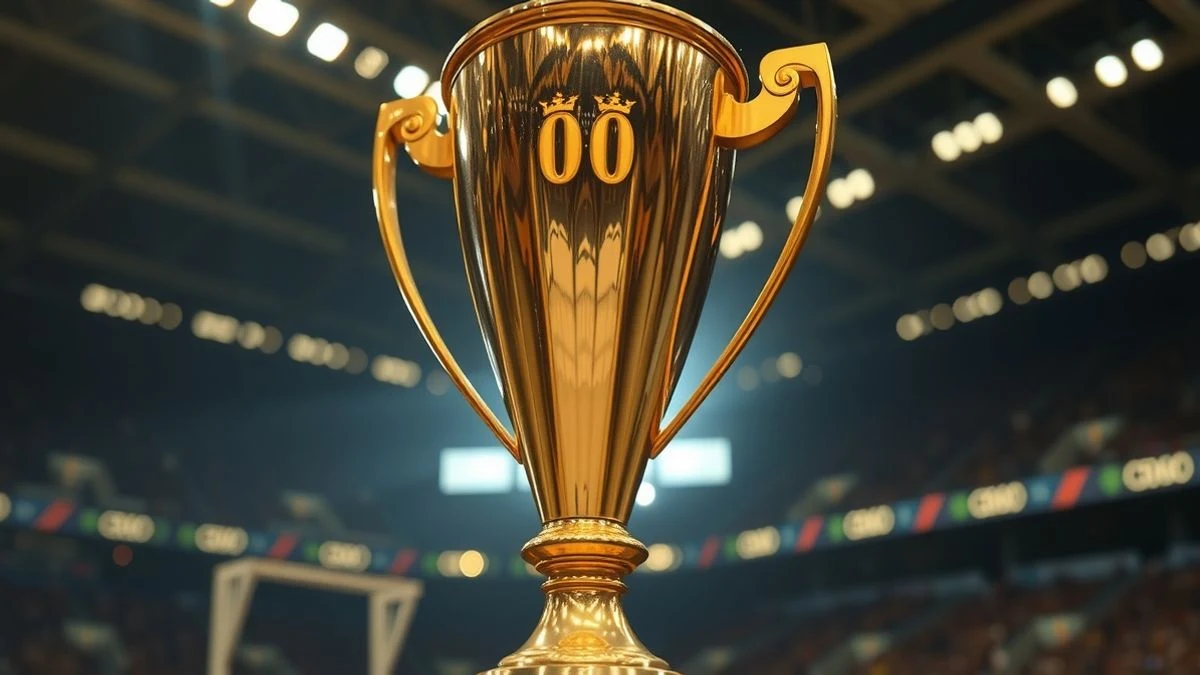Imagen ilustrativa: primer plano de un trofeo dorado con un estadio moderno de fondo desenfocado