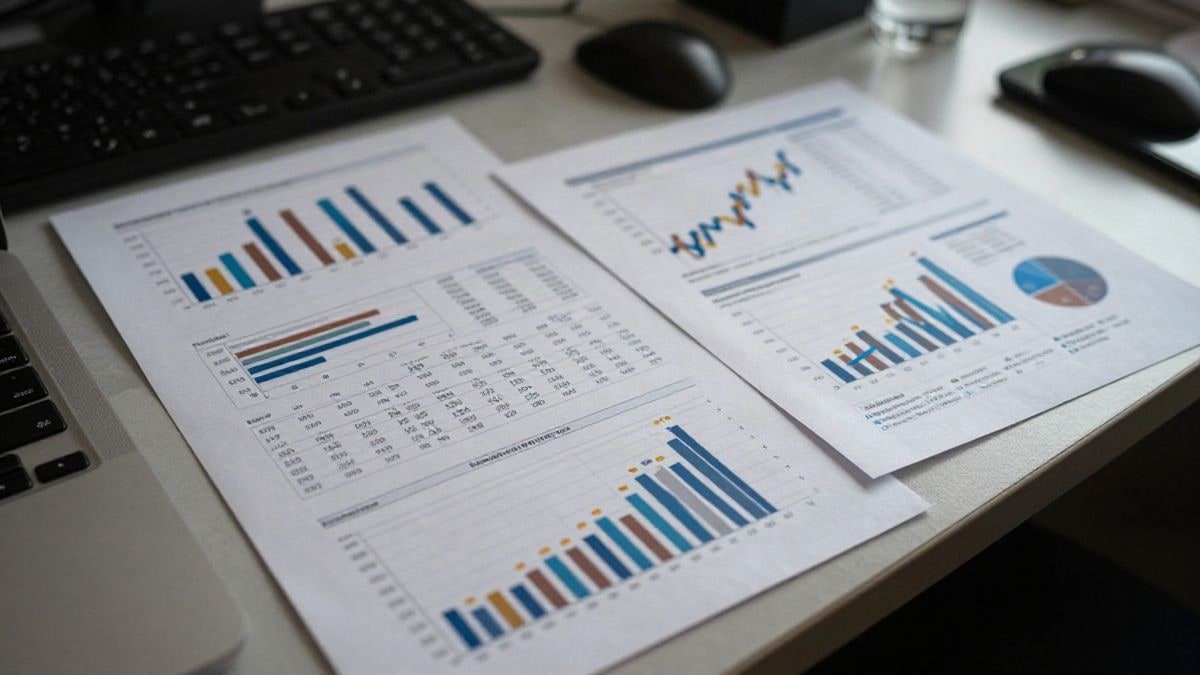 Illustrative image: corporate office with financial graphs and reports on a desk, representing business transactions and market analysis.