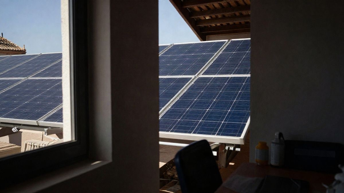 Illustrative image: view of solar panels in a domestic setting with natural light, representing energy self-consumption.
