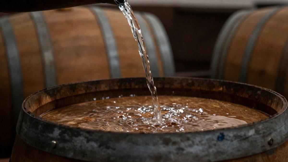 Illustrative image: an oil barrel with a stream of oil flowing, blurred background