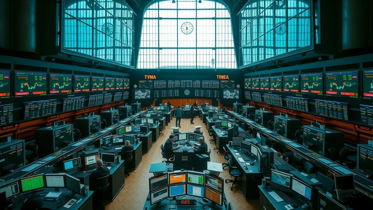 Imagen ilustrativa: interior de una sala de bolsa con pantallas y escritorios en perspectiva, iluminación natural.