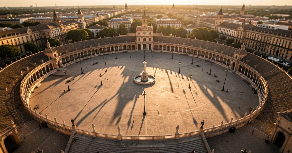 Vista aérea de la Plaza de España de Sevilla vacía al atardecer