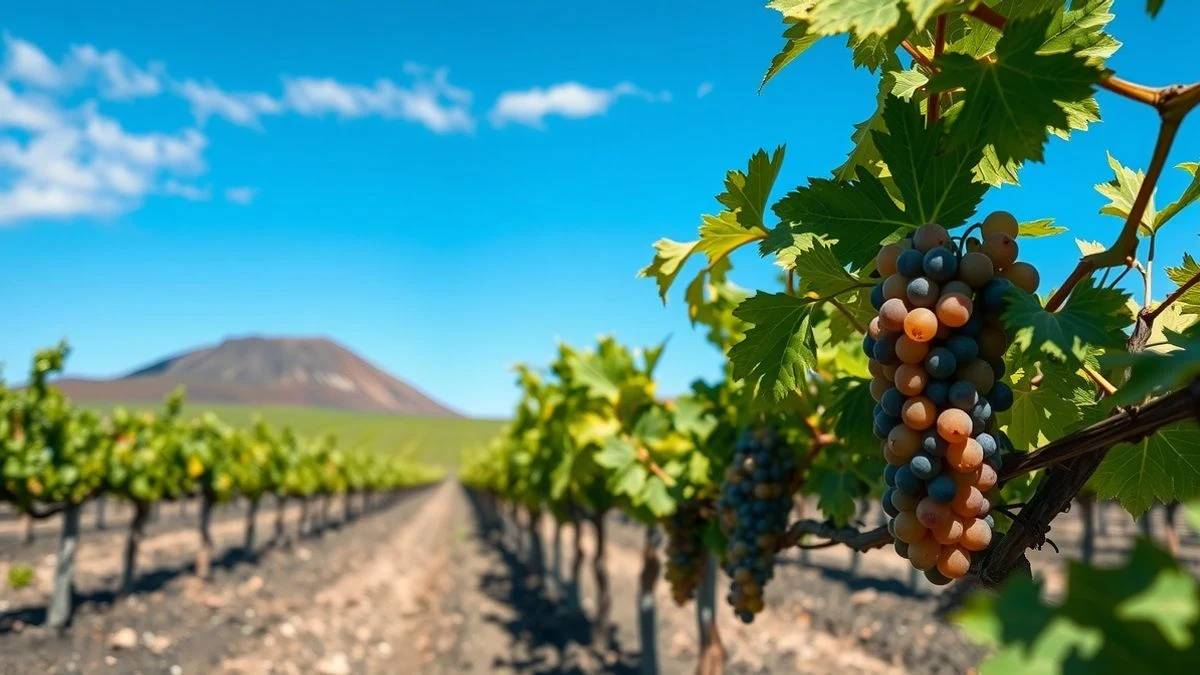 Viñedo en Lanzarote con suelo volcánico y cielo azul, racimos de uva en primer plano