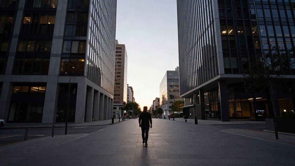 Imagen ilustrativa: un distrito financiero moderno al atardecer con una figura solitaria de espaldas