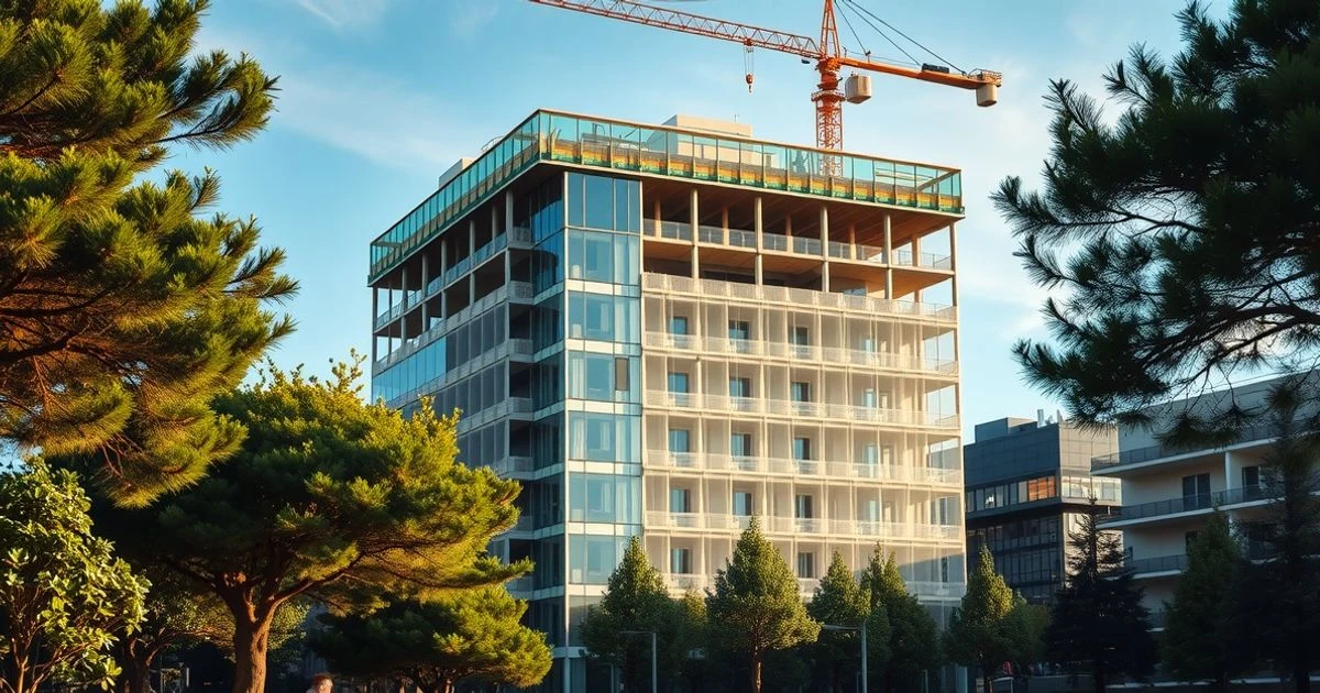 Edificio de oficinas en construcción con cubierta vegetal y grúas en el campus universitario de Teatinos
