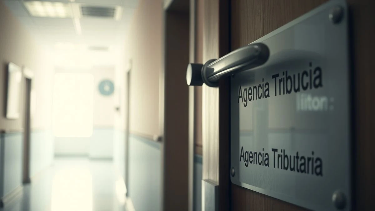 Puerta con letrero de la Agencia Tributaria de Misiones en un pasillo de oficinas, enfoque selectivo.
