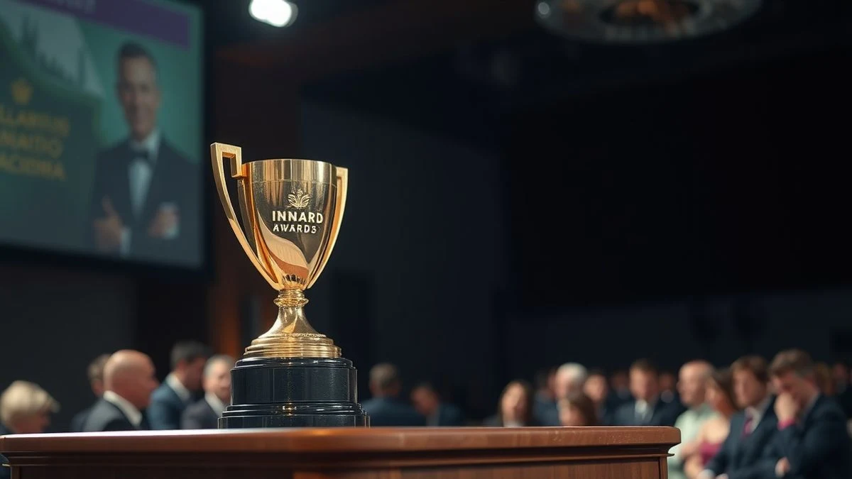 Trofeo dorado sobre un podio de madera en el auditorio del Banco de España