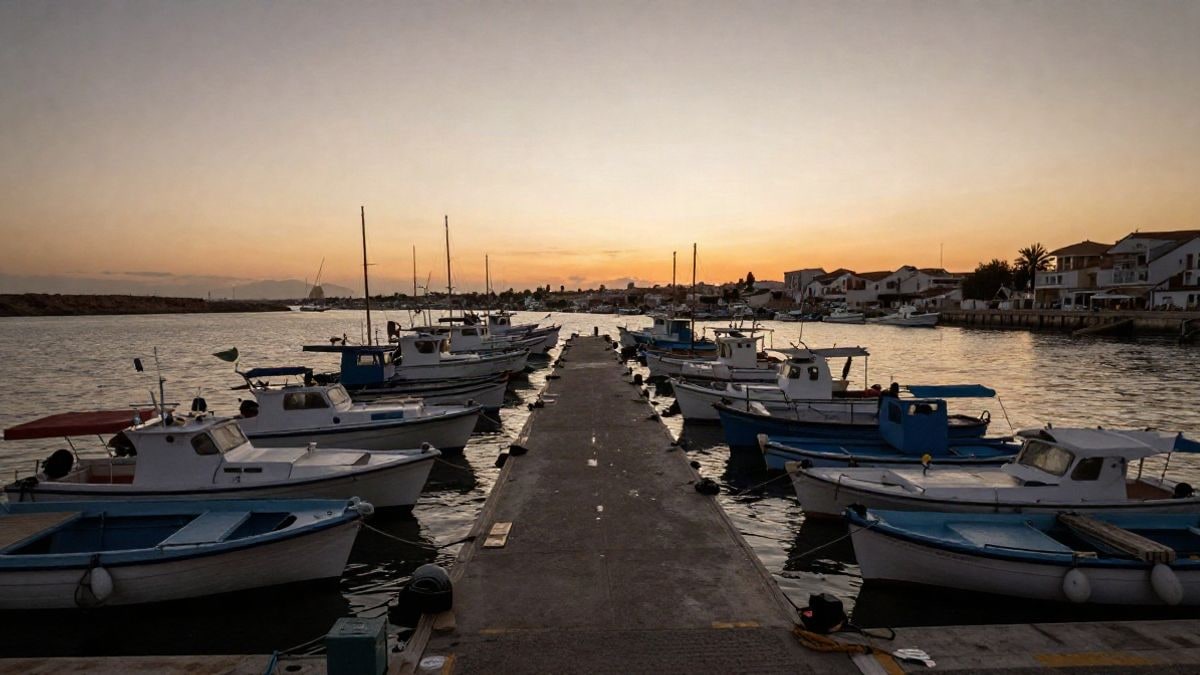Illustrative image: fishing port at sunset with moored boats and lines converging towards the horizon