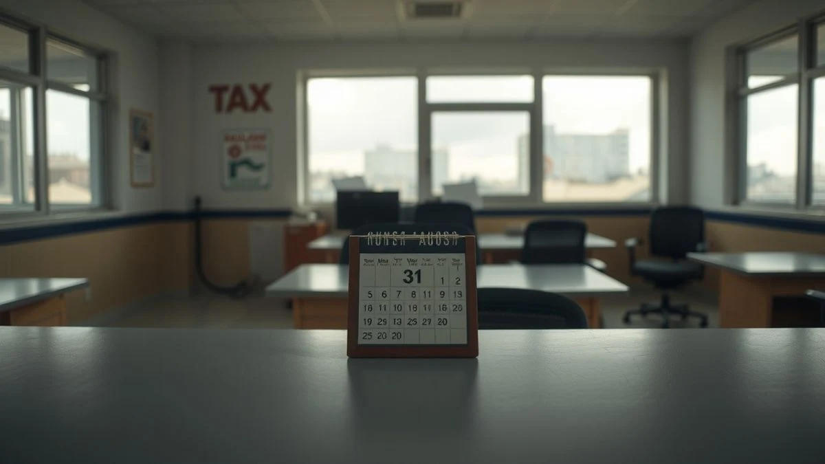 Imagen ilustrativa: mostrador vacío de una oficina tributaria con un calendario señalando el 31 de agosto, iluminado por luz natural suave