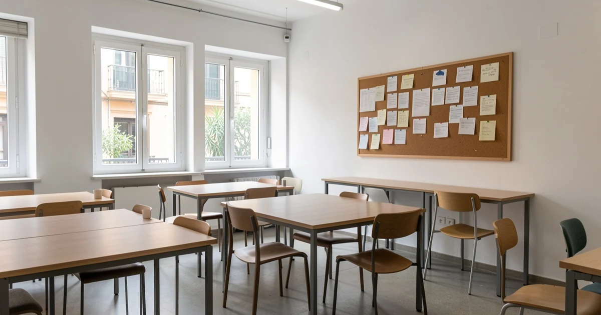 Interior de un espacio de coworking vacío en Sevilla con mesas y sillas