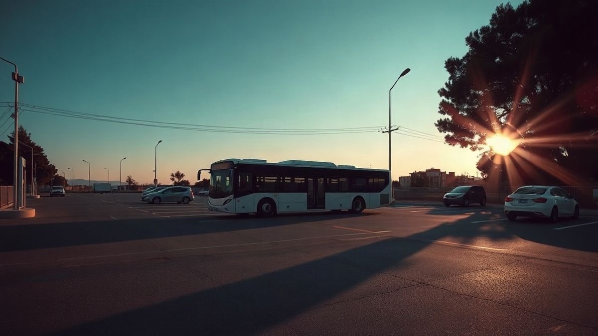 Imagen ilustrativa: aparcamiento de autobuses eléctricos al atardecer con una estación de carga al fondo