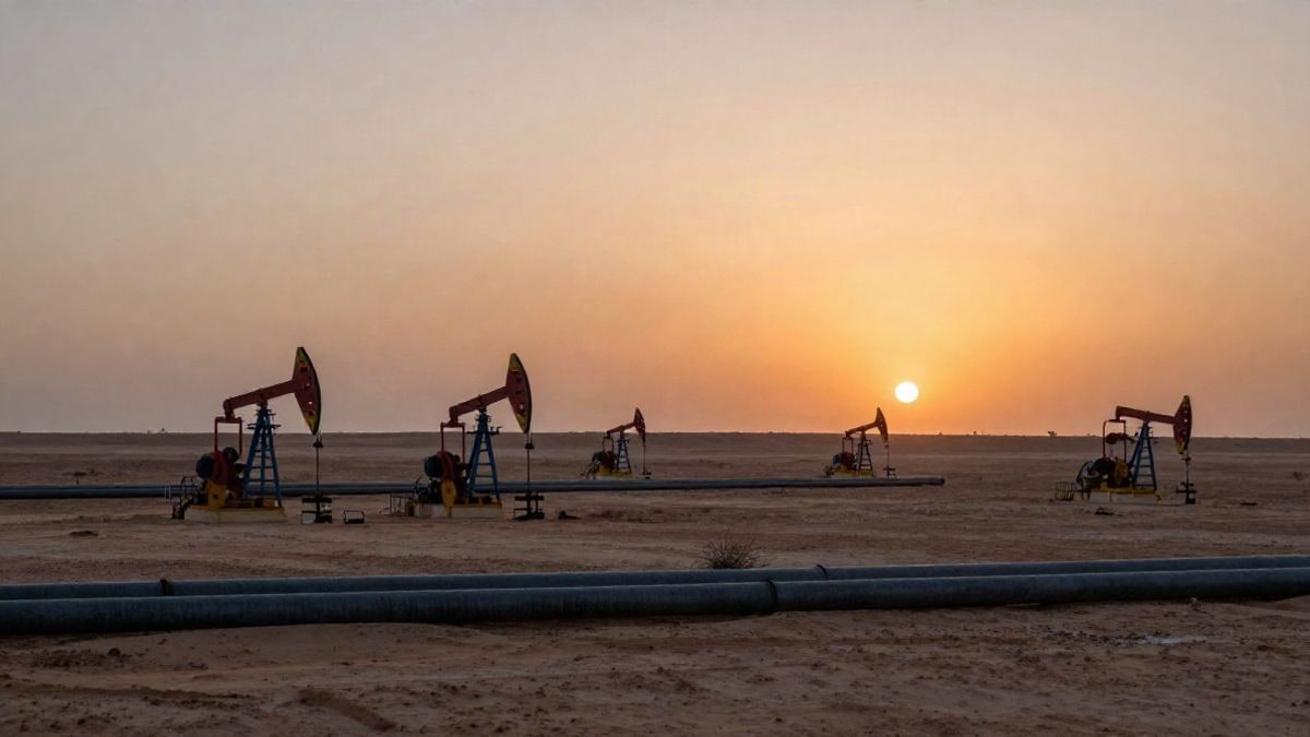 Illustrative image: a desert landscape with pipelines and a sunset, representing geopolitical tension in Saudi Arabia.
