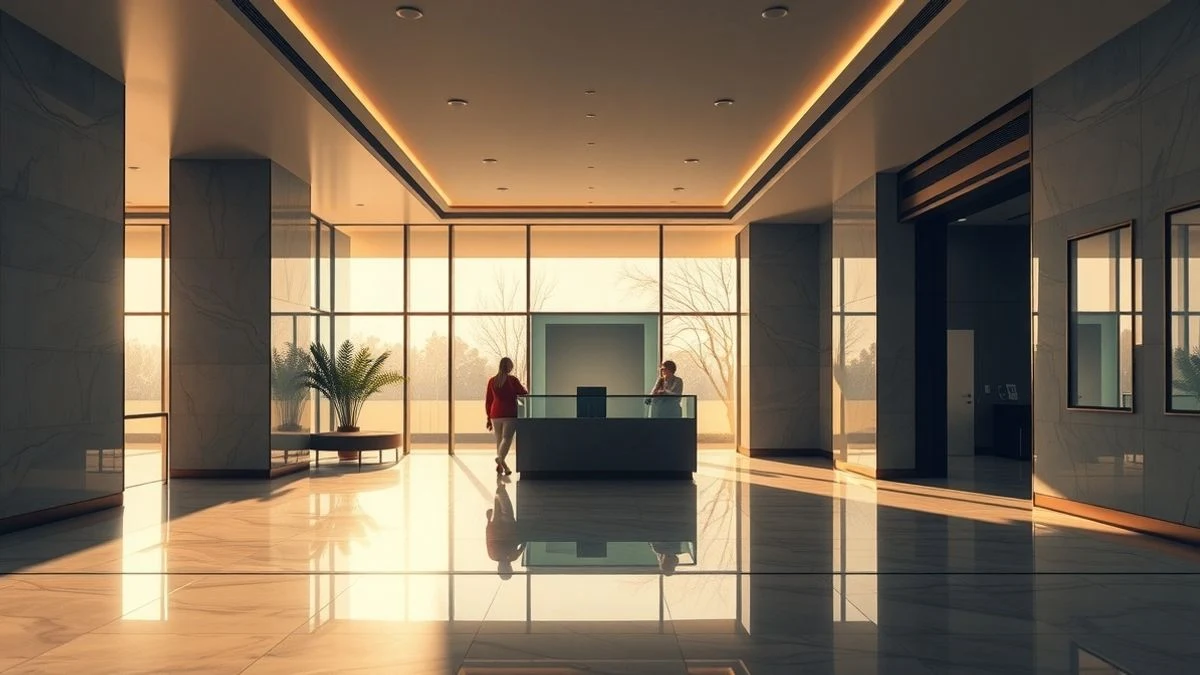 Imagen ilustrativa: interior de una sucursal bancaria moderna con mostrador de mármol y luz natural, sin personas.