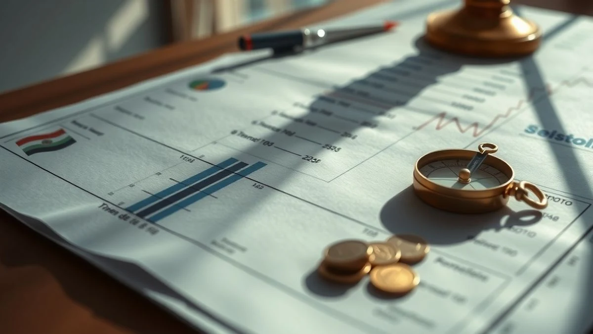 Primer plano de un gráfico financiero impreso en papel mate sobre una mesa de madera, con una brújula de latón y algunas monedas, luz natural suave con sombras