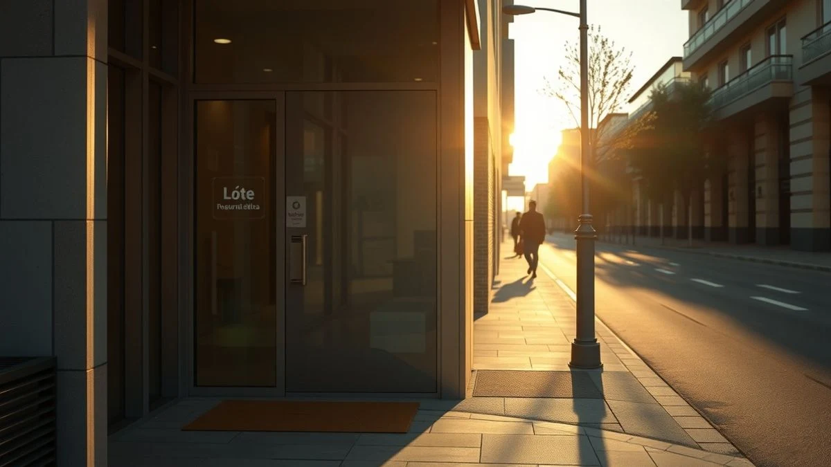 Entrada de un edificio de oficinas en Sevilla con un cartel de Marlex en la puerta, luz de atardecer, sin personas
