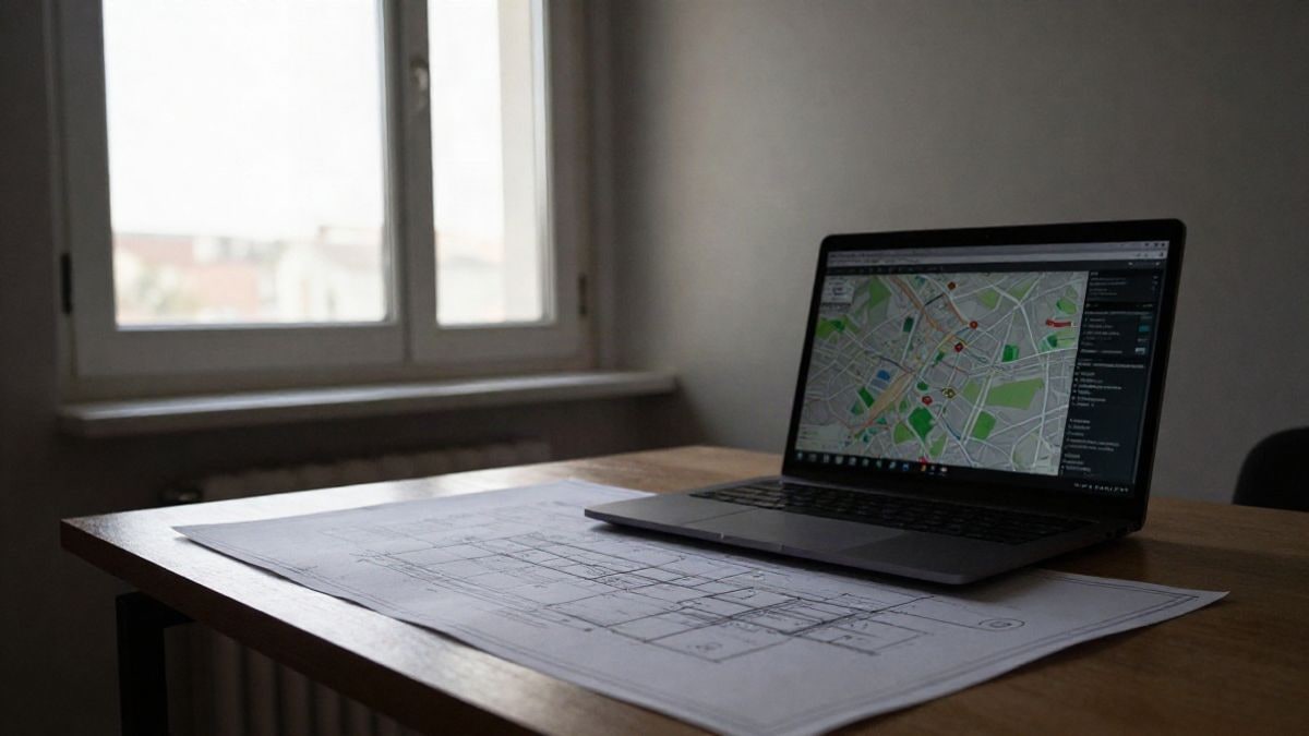 Imagen ilustrativa: oficina con luz natural, escritorio con planos de construcción y un laptop mostrando un mapa digital.