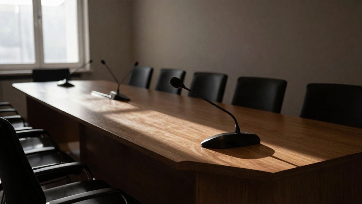 Imagen ilustrativa: sala de conferencias vacía con un atril y micrófonos, luz natural suave entrando por las ventanas