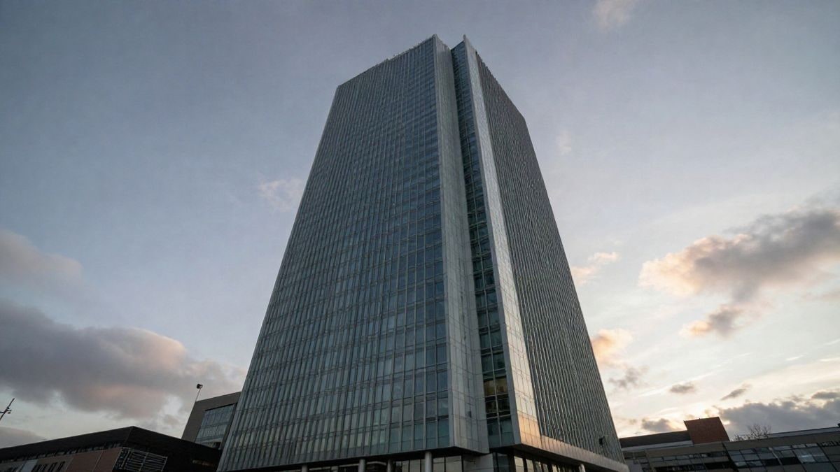 Imagen ilustrativa: ángulo bajo de la fachada de un edificio institucional con cielo dramático al atardecer