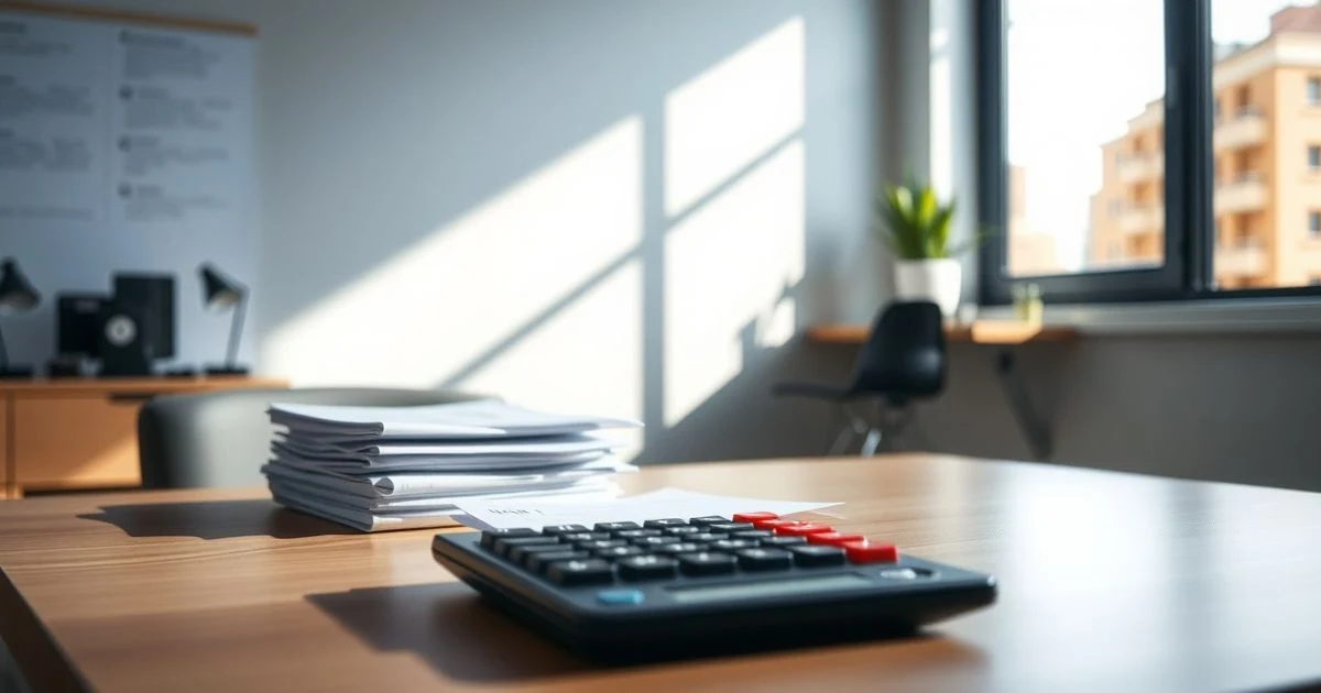 Mesa de oficina con formularios de baja médica y una calculadora, iluminada por luz natural