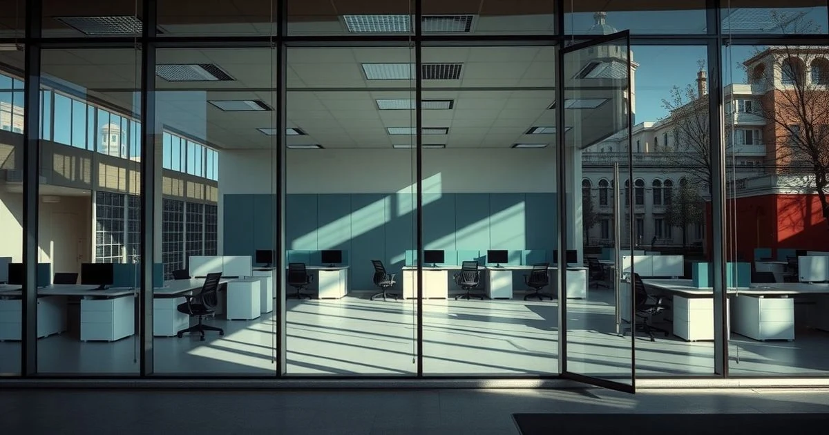 Fachada acristalada de un edificio de oficinas en Madrid con luz natural y sombras, interior vacío visible