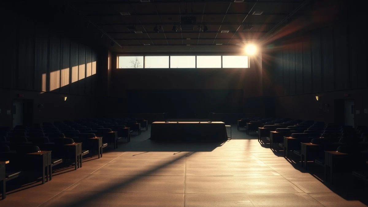 Imagen ilustrativa: auditorio vacío con mesa y micrófonos, iluminado por contraluz al atardecer