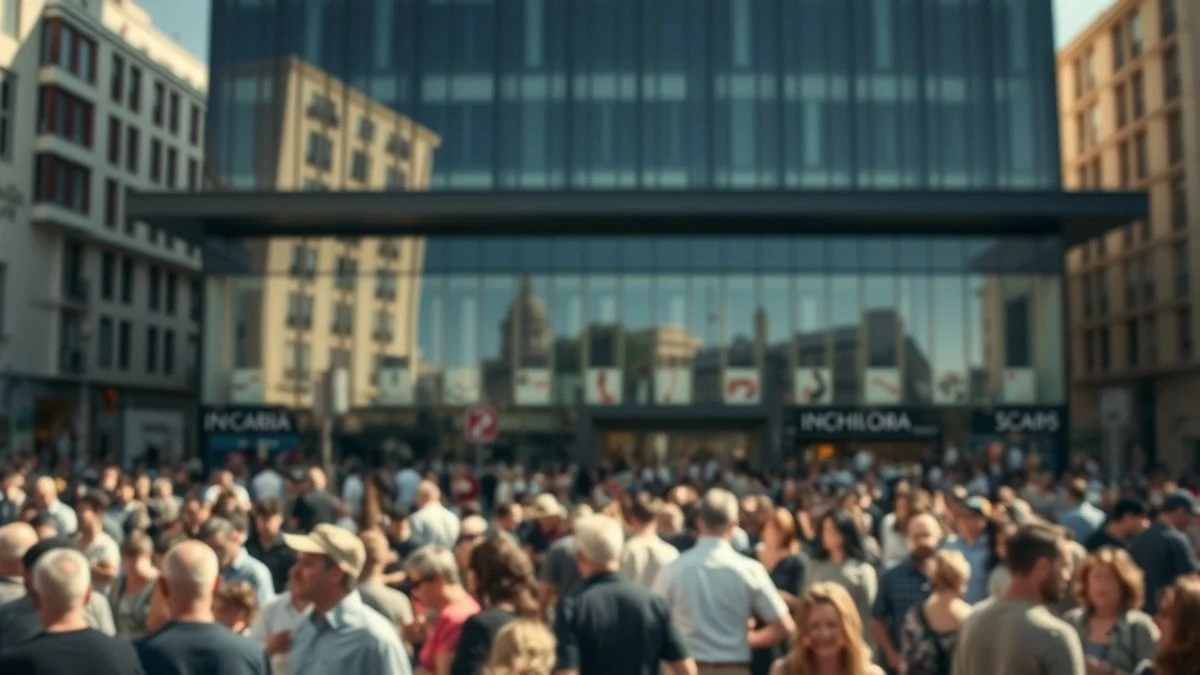 Plaza concurrida en una ciudad española con edificios modernos al fondo