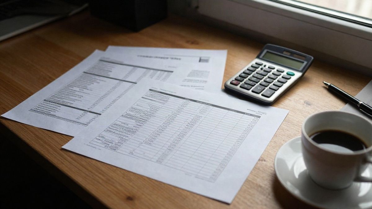 Illustrative image: overhead view of a table with economic reports, calculator and pen