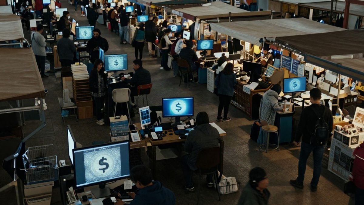 Illustrative image: aerial view of a bustling market with digital currency symbols, representing technology integration in trade.