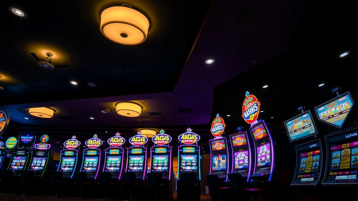 Imagen ilustrativa: fila de máquinas tragaperras iluminadas en un casino, vistas desde un ángulo bajo.