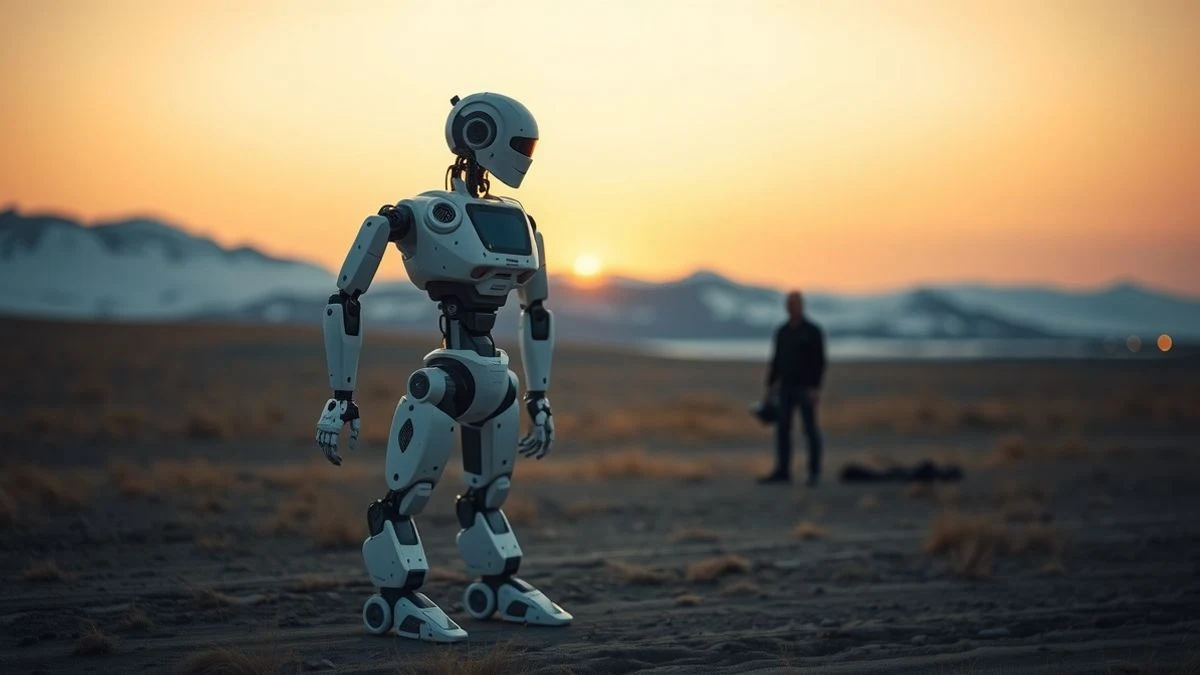 Robot humanoide de pie en un campo de pruebas al atardecer, con un técnico de fondo