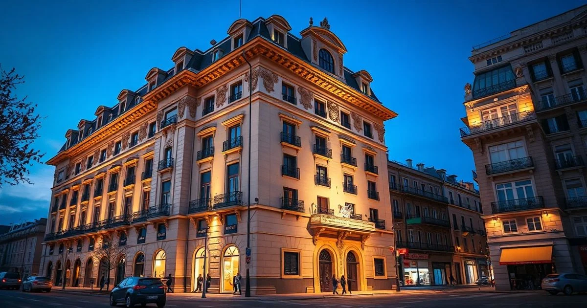 Fachada del Banco de España al atardecer con luz dramática.