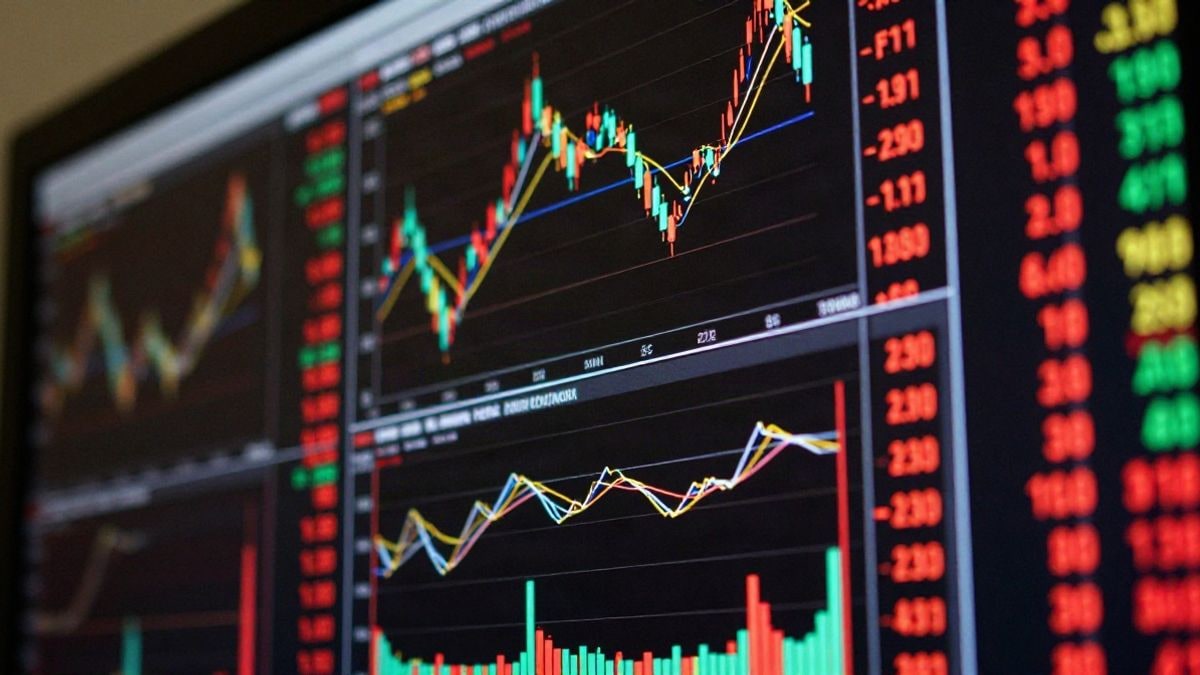 Illustrative image: a close-up of a stock market screen with fluctuating graphs and figures, representing current financial activity.