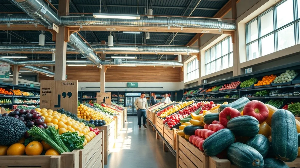 Interior de un supermercado con estanterías de productos locales y luz natural