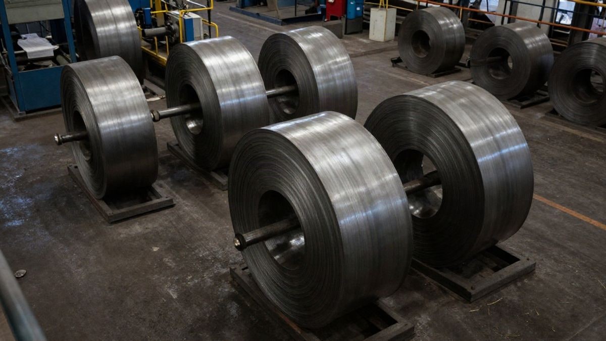 Illustrative image: aerial view of an industrial plant with steel coils and machinery