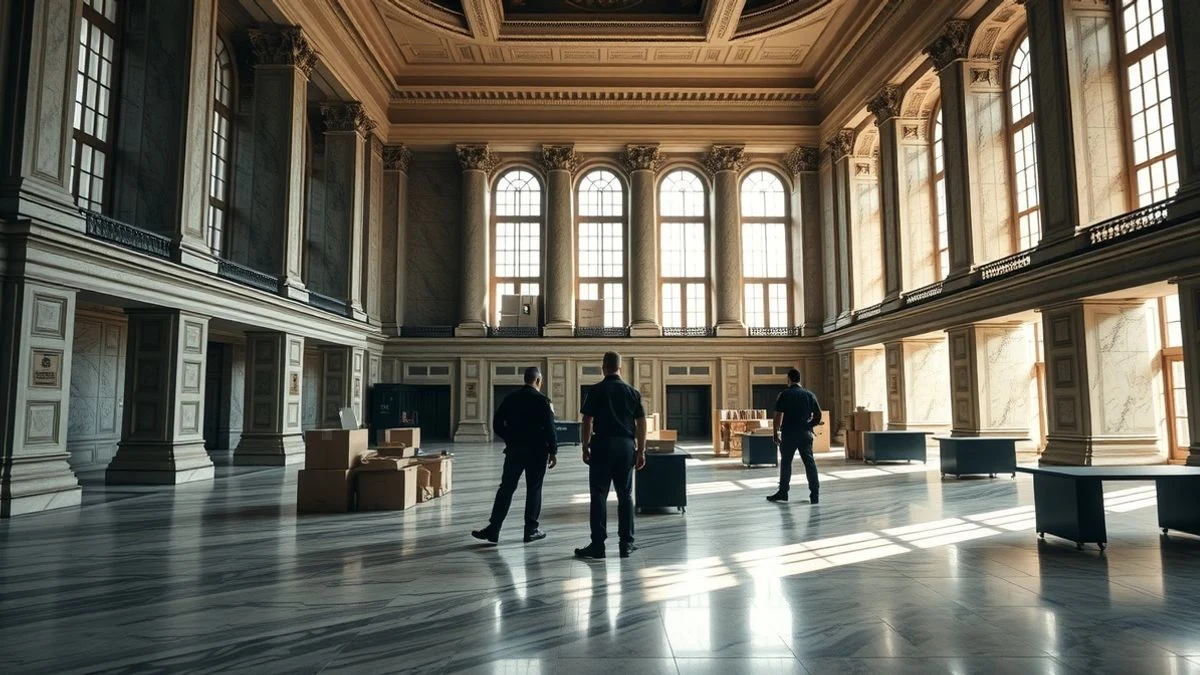 Interior del antiguo Banco de España con cajas y mobiliario de oficina apilados, transformado en comisaría