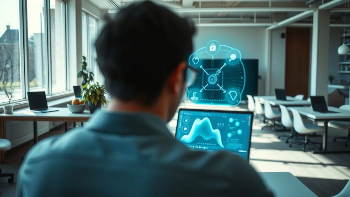 Young entrepreneur in a coworking space with a floating artificial intelligence interface, natural light, Vilafranca del Penedès.