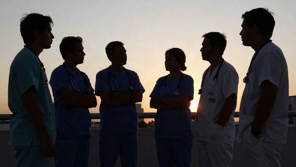Imagen ilustrativa: profesionales de la salud discutiendo en un entorno hospitalario al atardecer, con sombras y luz dramática.