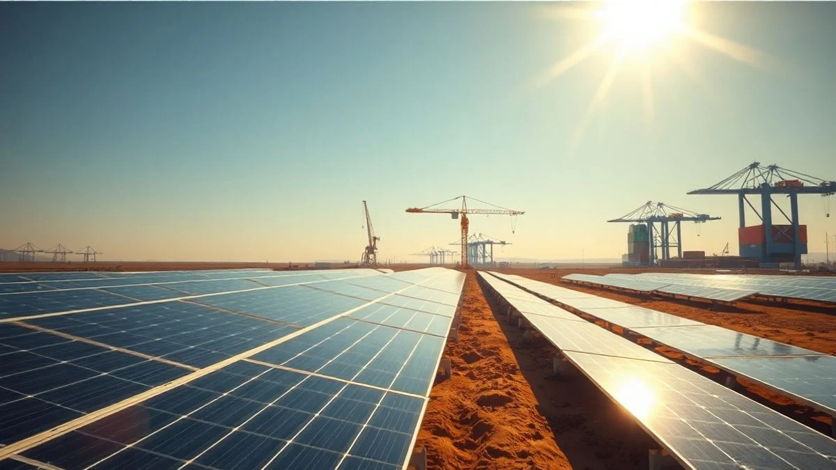 Vista panorámica de un campus de centros de datos en construcción con paneles solares y grúas al fondo, en un paisaje soleado de Huelva.