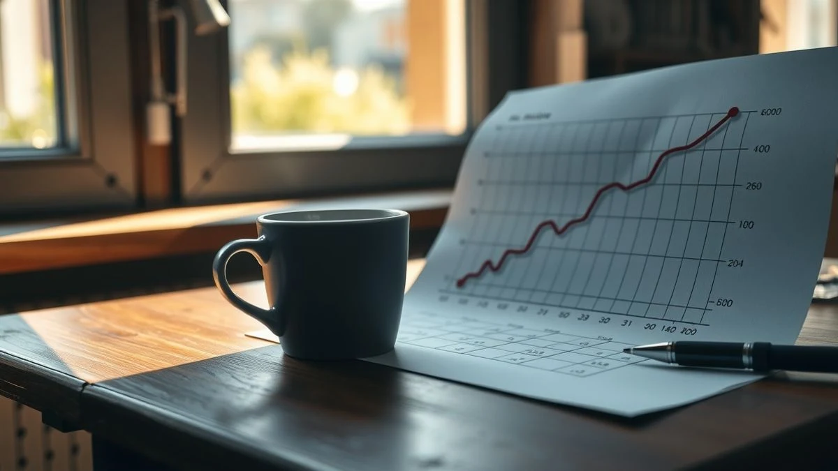 Primer plano de una gráfica de paro en descenso sobre una mesa de madera con una taza de café y un bolígrafo