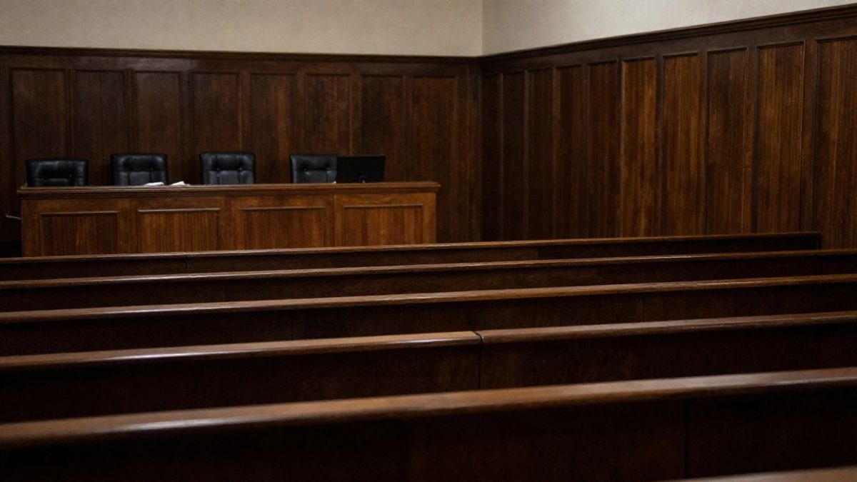 Imagen ilustrativa: un tribunal vacío con bancos desocupados y luz natural dramática, representando el contexto judicial en España.