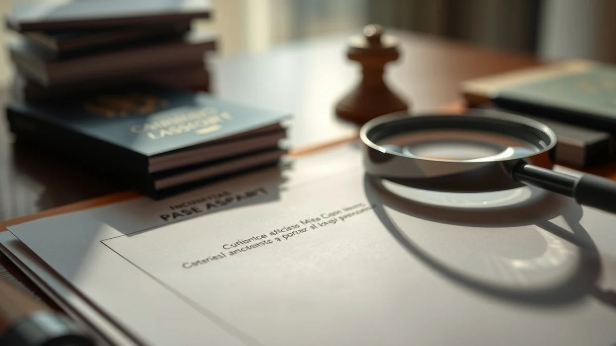 Primer plano de documentos oficiales y pasaporte sobre una mesa, con lupa y sello