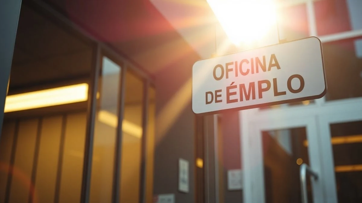 Imagen ilustrativa: fachada de una oficina de empleo con personas entrando, desenfocadas, en un día soleado.