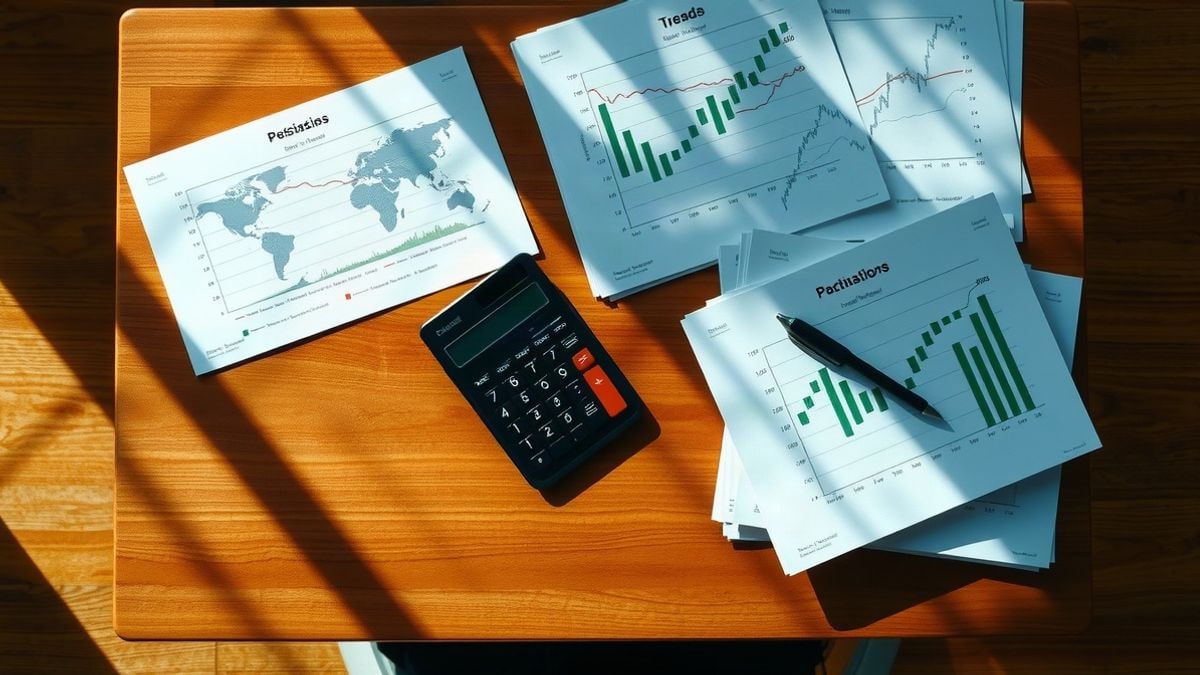Imagen ilustrativa: vista cenital de informes económicos, gráficos y una calculadora sobre una mesa de madera