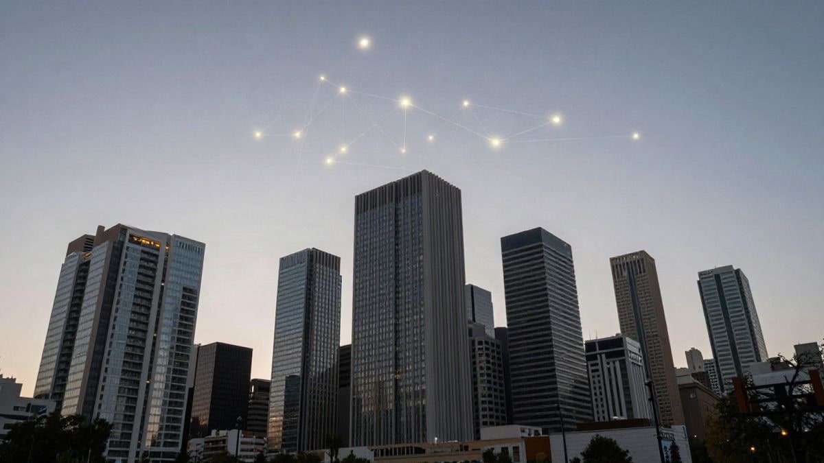 Imagen ilustrativa: rascacielos financieros al atardecer con una red digital superpuesta en el cielo